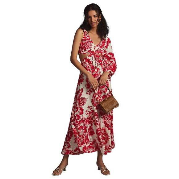 FARM Rio Red Floral One Shoulder Cut Out Maxi Dress Size Medium - Picture 1 of 11